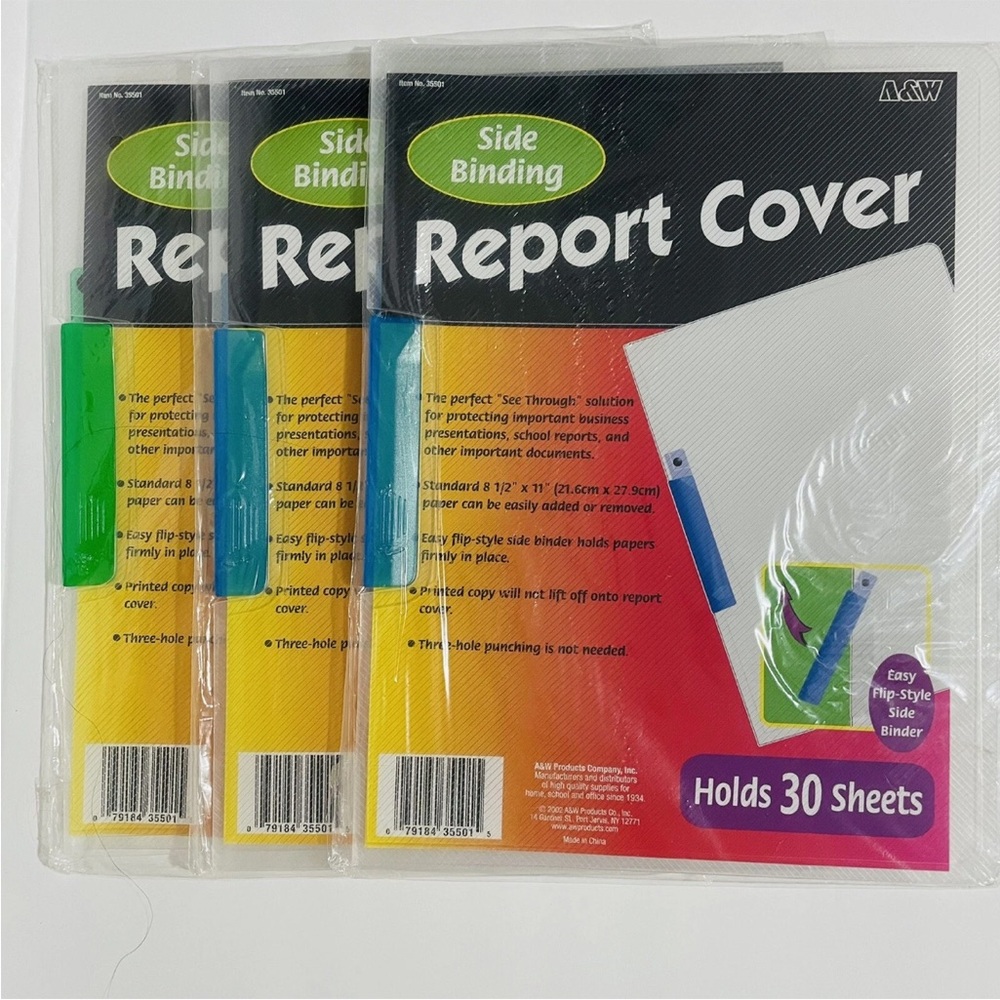 Lot 3 A&W Side Binding Report Cover Letter Holds 30 Sheets  Clear/Light